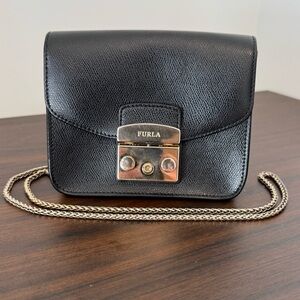 Furla Black Leather Crossbody Bag Gold Lock Mini Shoulder Purse